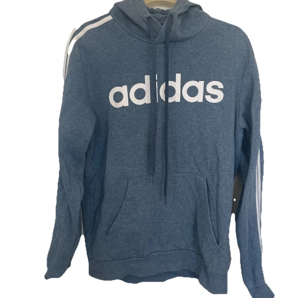 Adidas Men Medium Blue Hoodie Jumper Logo Essentials Sporty Cotton Blend Casual